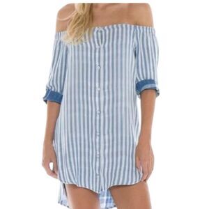 Anthropologie Cloth & Stone Blue and White Striped Off the Shoulder Dress Size S